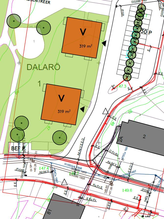 Dagvattenutredning kvarteret Dalarö Sida 7 (19) 3.4 Befintliga va-ledningar Nedan framgår dragningen av ledningar i anslutning till fastigheten.