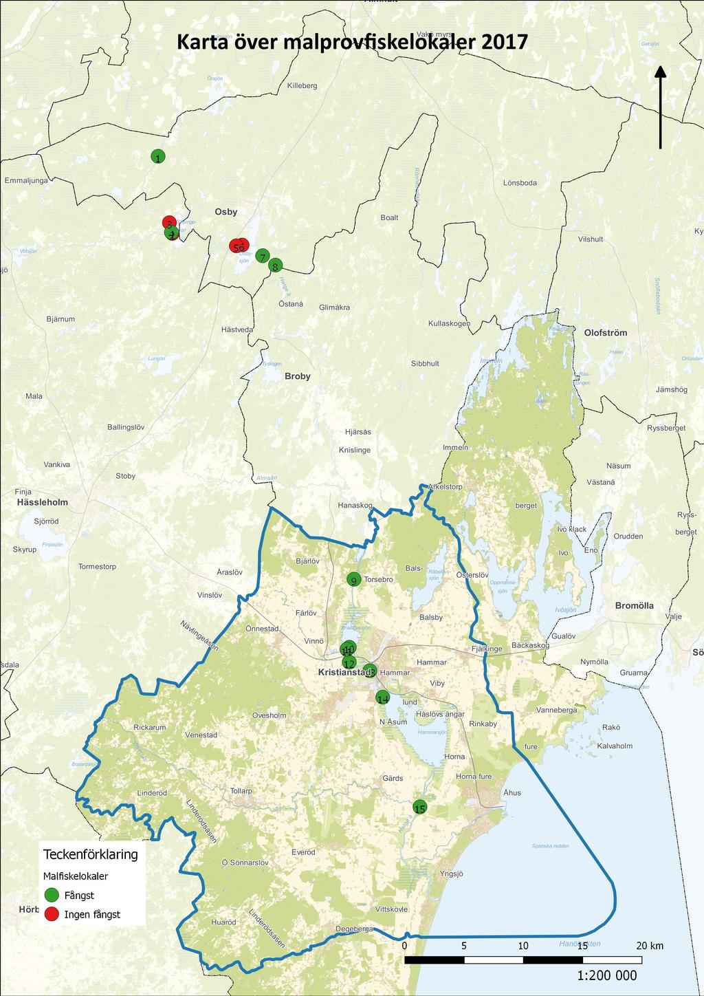 Figur 1. Kartan visar lokalerna 1-15 geografiska placeringar i Helge å.