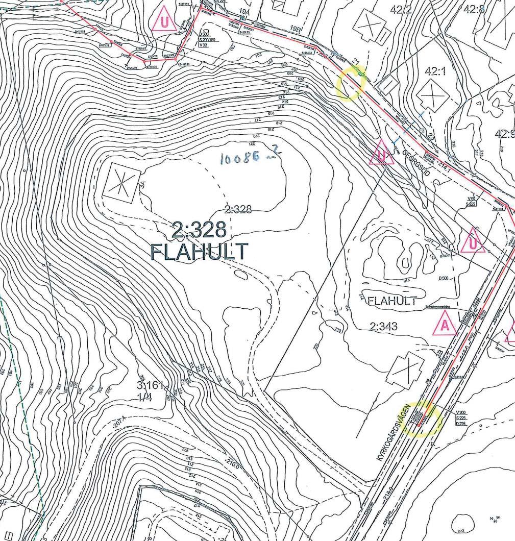 Tomtkarta Kyrkogårdsvägen 3A Vatten och avlopps anslutning till fastighet bör kunna anordnas på något av de 2st markerade ställena.