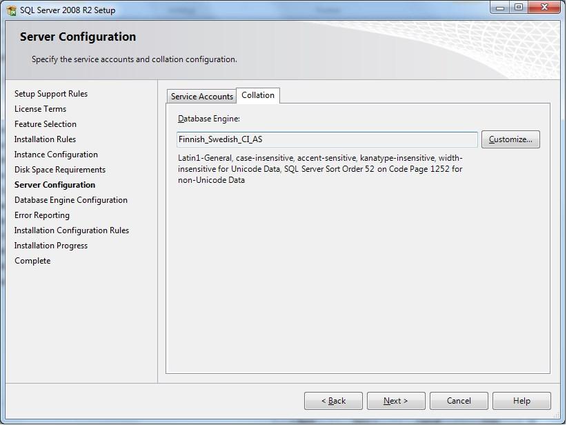 Klicka på fliken Collation och kontrollera att det står Finnish_Swedish_CI_AS där Välj Mixed Mode och ange ssftiming som lösenord (om du måste ange ett mera kvalificerat lösenord tex.