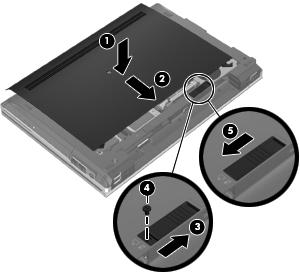 13. Sätt tillbaka bottenpanelen (5) genom att föra frikopplingsmekanismen åt vänster. 14. Sätt tillbaka batteriet. 15.