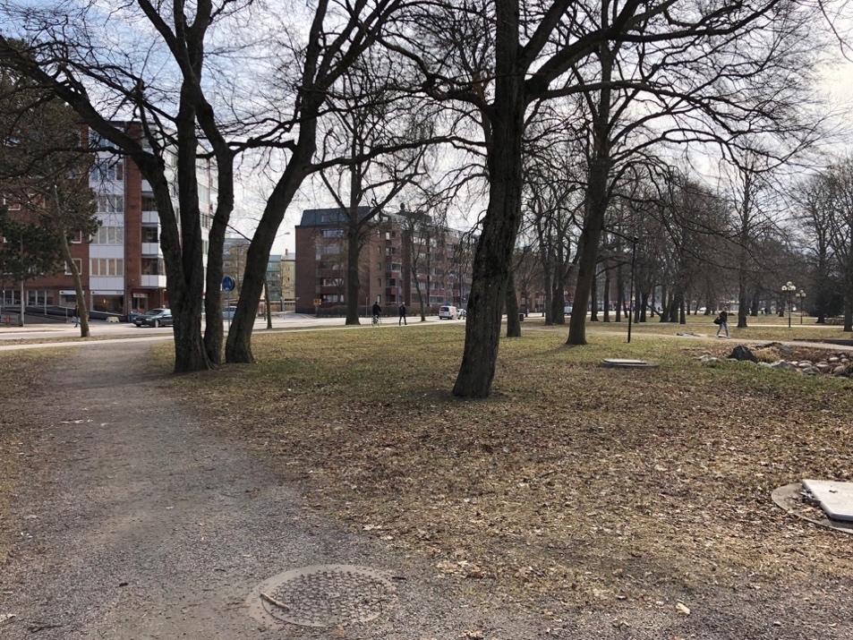 därmed inte upplevas visuellt. Marken är plan och utgörs av grönområde. Norr om platsen angränsar en trafikerad gata.