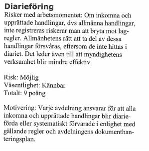 Arbetsmoment dokumenthantering Kontroll av rutiner för intern dokumenthantering Risk: 3 Väsentlighet: 3 Totalt: 9 poäng Motivering: P360 har inneburit ett nytt arbetssätt vilket kräver kontroll av