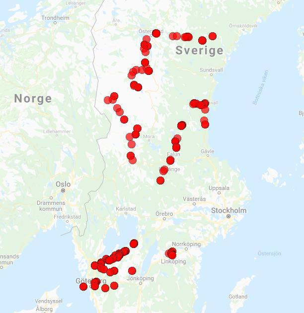 Figur 2. Kartbild med koordinater för alla uppmätta vägmärken. Map data 2018 Google.