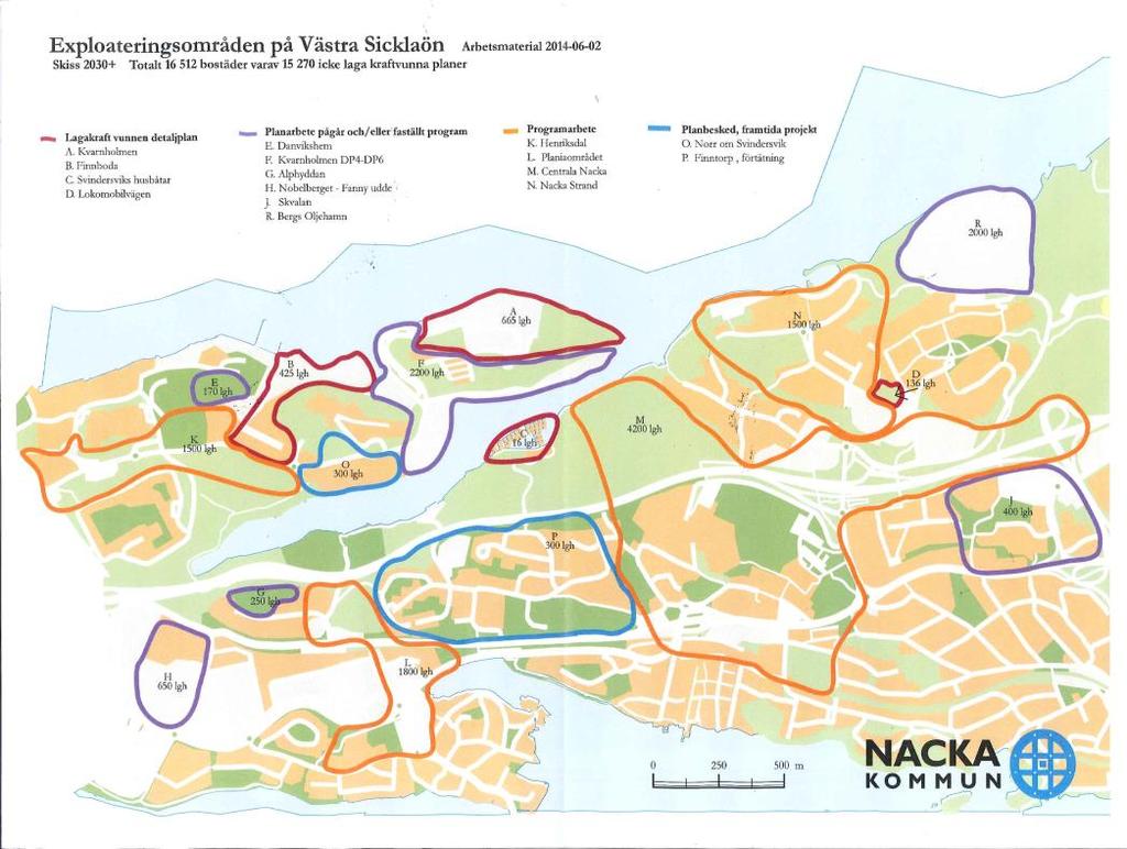 3. Planiavägen öppen mot Värmdövägen och Gillevägen stängd för genomfartstrafik Figur 8 Föreslagen bebyggelseområden på Västra Sicklaön (Källa arbetsmaterial Nacka