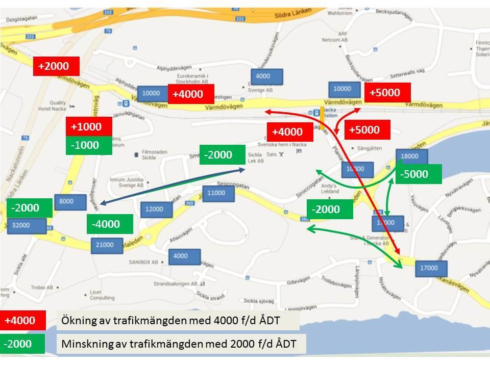 3.1 Trafikmängder med Planiavägen ansluten till Värmdövägen och Gillevägen stängd för genomfartstrafik Skillnaden mellan detta alternativ och det som nu studeras är att Gillvägen är stängd.