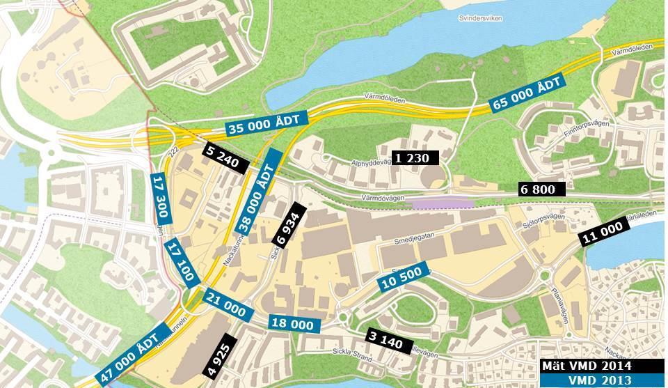 Figur 3 Trafikmängder uppmätta 2013 och 2014 Jämförs de uppmätta trafikmängderna 2013 och 2014 med de uppräknade från år 2007 så är skillnaden inte så stor.