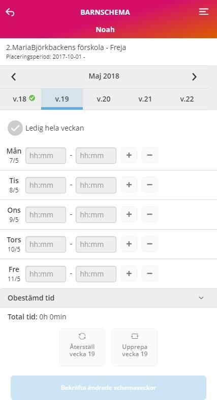 Om du får meddelande om En tidigare registrerad vecka kan inte lämnas tom beror detta på du tidigare har registrerat veckan med tider.