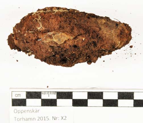 Konserveringsrapport MJ Rapport id: K15-87 Metallytor med tunn korrosion, syns i krustan. Delarna bearbetades under mikroskop med skalpell och dentalverktyg.