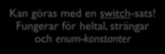 Fungerar för heltal, strängar och enum-konstanter Klar : Hoppa ur switch-satsen Flera fall (1 och 2) ger samma kod att utföra Frivilligt: Vad