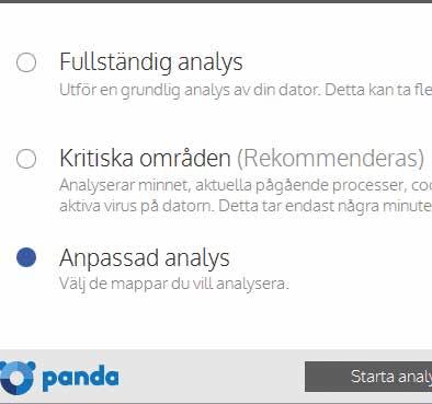 Genomsök specifika delar av datorn Det smidigaste är att låta Panda Free Antivirus genomsöka kritiska områden eller hela enheter, men ibland kan det finnas behov av att själv välja vilka mappar och