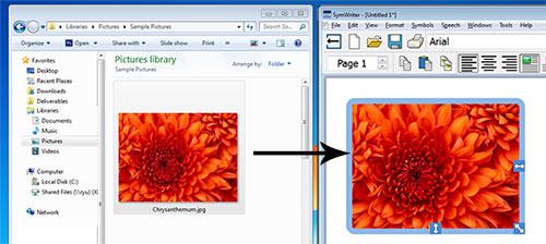 Lägga in bilder från Windows eller från en webbläsare Förutom att använda bildarkivet för att lägga in bilder i ditt dokument kan du också dra och släppa bilder från Windows utforskare in i SymWriter.