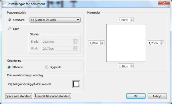 Inställningar för dokumentet, marginaler och bakgrundsfärg För att göra inställningar för dokumentets utseende väljer du menyn Arkiv och Inställningar för dokument.