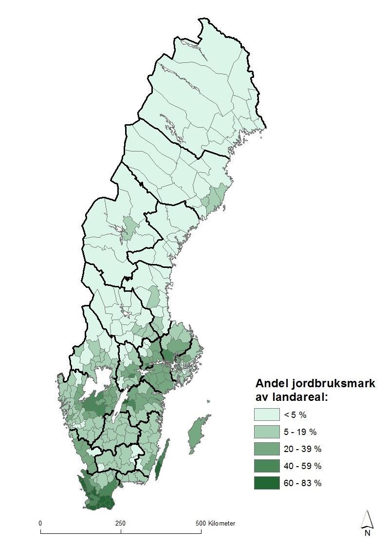 Statens Jordbruksverk 6 JO 10 SM 1802 Jordbruksmarken 2018 Förhållande mellan jordbruksmark och landareal 2018 Drygt 7 % av Sveriges totala landareal används till jordbruksmark.