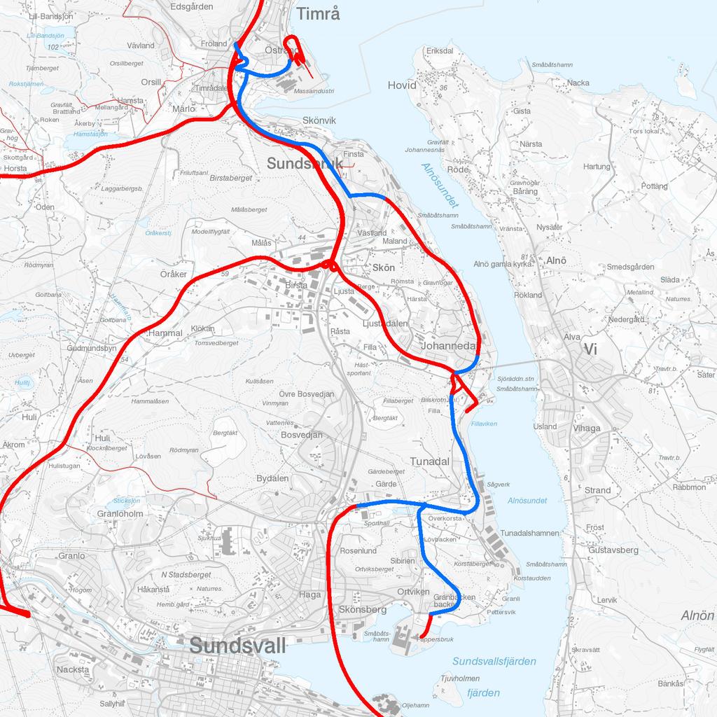 Figur 11 Blåa vägar är kommunala vägar som behöver uppgraderas till