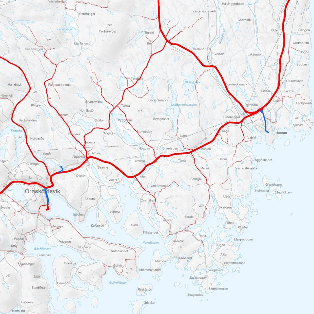 Figur 15 Blåa vägar är kommunala vägar i Örnsköldsvik kommun som behöver