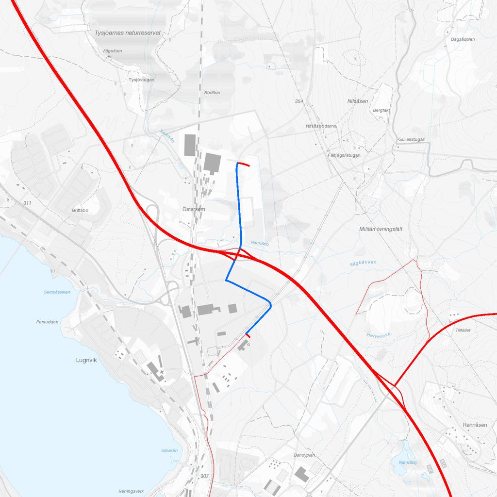 Figur 16 Blå väg är en kommunal väg i Östersund kommun som behöver uppgraderas till BK4.