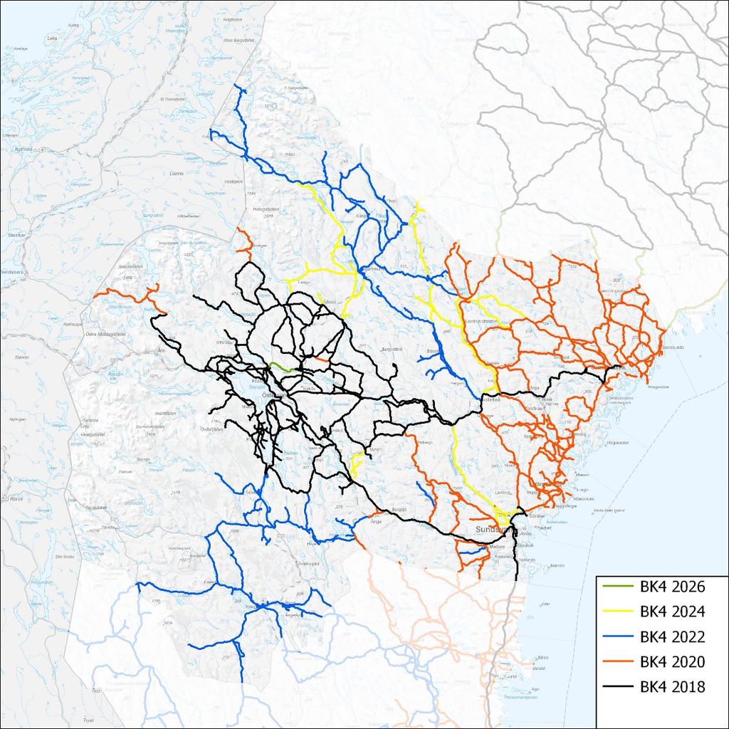 Figur 1Arbetsmaterial från Trafikverket över utbyggnadsplanen för BK4 i Jämtland och Västernorrland. Arbetsmaterialet visar de vägar som man i bästa fall kan öppna upp inom nu liggande tidsplan.