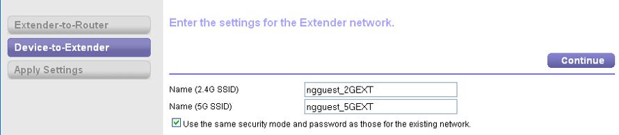 3. Välj ett 2,4 GHz WiFi-nätverk som du vill utöka räckvidden för och klicka på knappen Continue (fortsätt). 4.