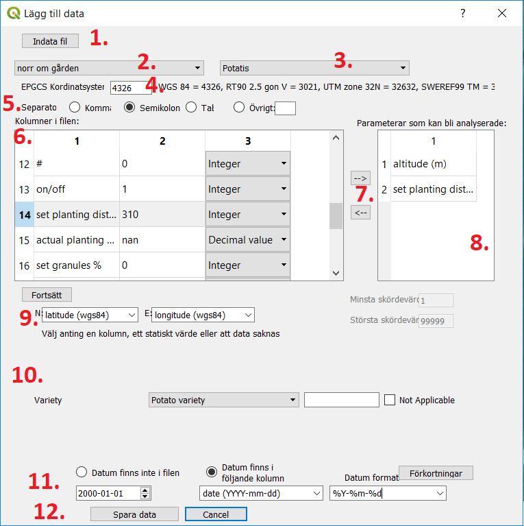 Figur 11 Lägg text data 1. Indata fil: Här väljer du vilken fil som du ska läsa in till GeoDataFarm, när du har valt fil kommer en del av fälten att fyllas i likt Figur 11. 2.