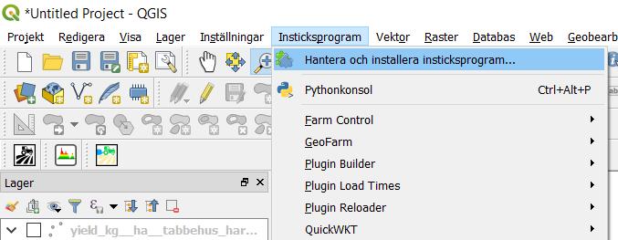 Installera GeoDataFarm För att installera GeoDataFarm går du till insticksprogram och Hantera och installera insticksprogram För att hitta den senaste versionen av