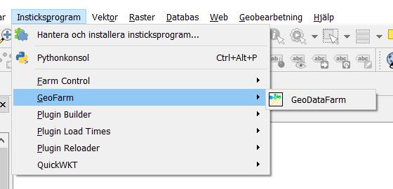 4.3. Starta GeoDataFarm För att starta GeoDataFarm tryck på iconen eller via insticksprogram och sedan GeoFarm.