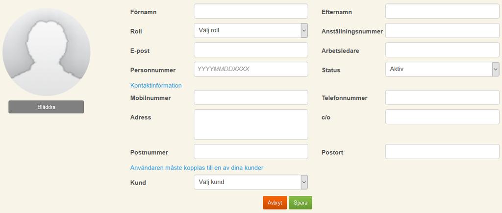 Skapa kund För att skapa en ny kund/brukare går du till Kund under menyraden och sedan Ny kund. Nu fyller du i brukarens info. Du kan sätta ett kundnummer på brukaren om du vill.