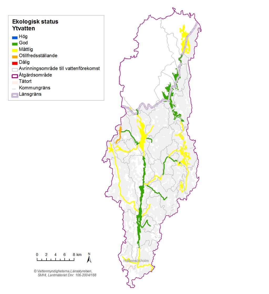 Figur 1. Ekologisk status för ytvatten i Enningdalsälvens åtgärdsområde. Källa: VISS 2015-08-15. www.viss.lansstyrelsen.