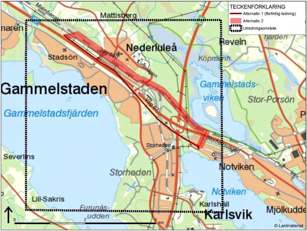 Figur 1. Karta med ledningens befintliga sträckning (Alternativ 1) samt ett nordligt alternativ (Alternativ 2) i Luleå.