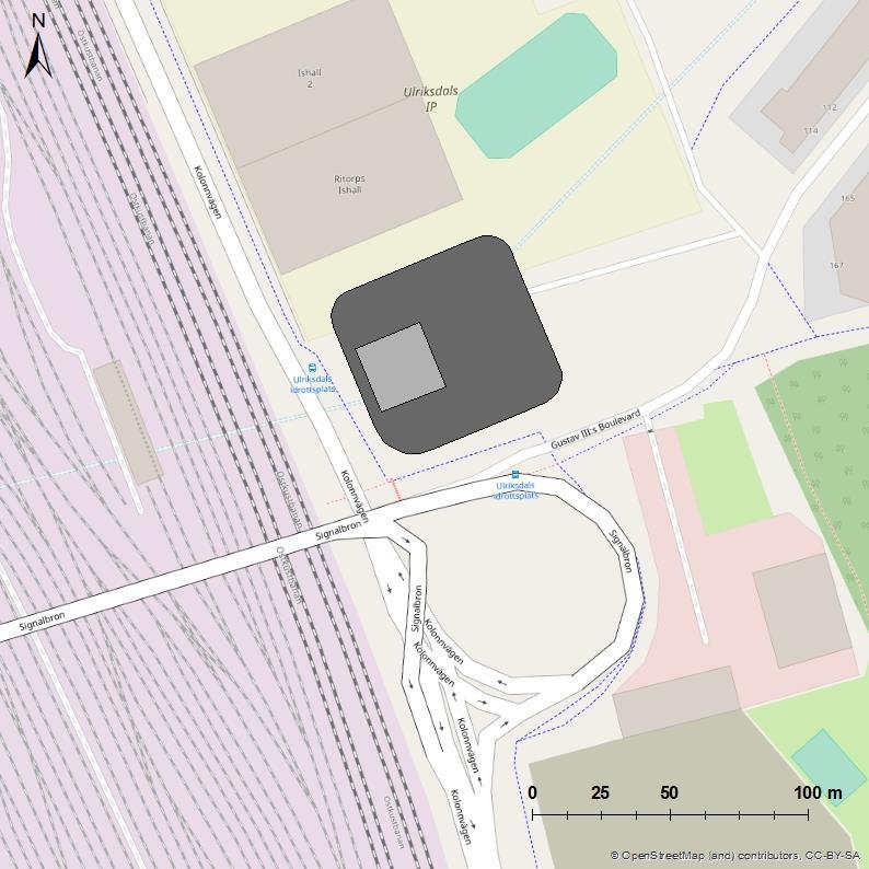 Simhall Figur 1. Kv. Simhallen med planerad ny byggnad för kontor (mörkgrått) och simhall (ljusgrått). Planerat luftintag till simhallen är markerat med ett rött kryss.