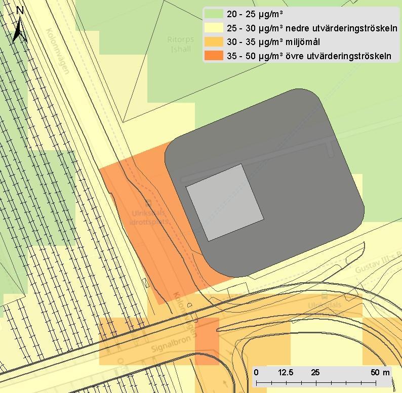 Ritorps ishall Simhall Figur 2. Beräknad partikelhalt, PM10, år 2025, dygnsmedel det värsta 36:e dygnet.