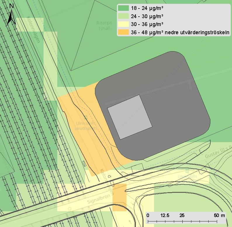 Ritorps ishall Simhall Figur 3. Beräknad kvävedioxidhalt, NO 2, år 2025, dygnsmedel det värsta 8:e dygnet. Normen som ska klaras är 60 µg/m 3.