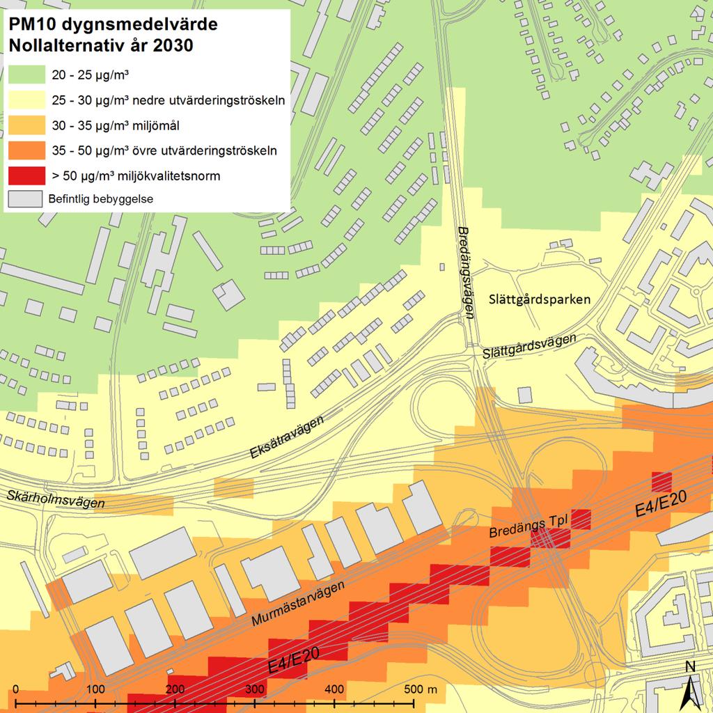 LVF 2018:3 Luftkvalitetsutredning för Mälaräng, år 2030 Nollalternativ - halter av partiklar, PM10, och kvävedioxid år 2030, jämförelse med miljökvalitetsnorm och nationella miljömål Nollalternativet