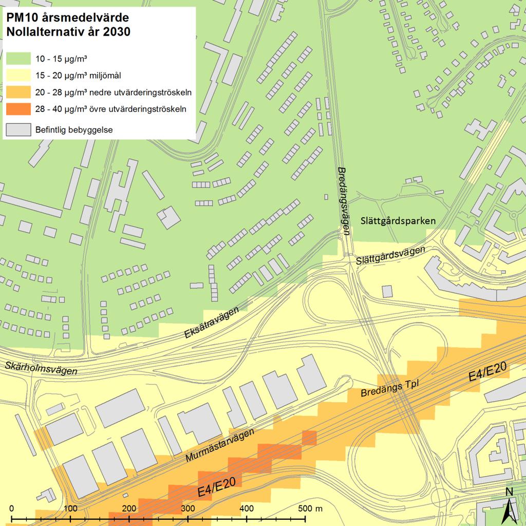 Figur 8. Beräknad årsmedelhalt år 2030 av partiklar, PM10 (µg/m³) för nollalternativ år 2030.