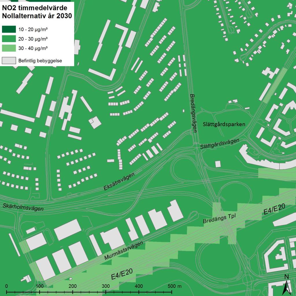 Figur 11. Beräknad timmedelhalt av kvävedioxid, NO 2 (µg/m³) under den 176:e värsta timmen för nollalternativet år 2030.