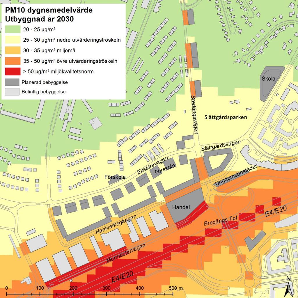 Jämförelse med miljömål för PM10 Jämförelse med de nationella miljömålen kan göras i Figur 12 och 13. Miljömålen för år är svårast att klara och överskrids i stora delar av planområdet.