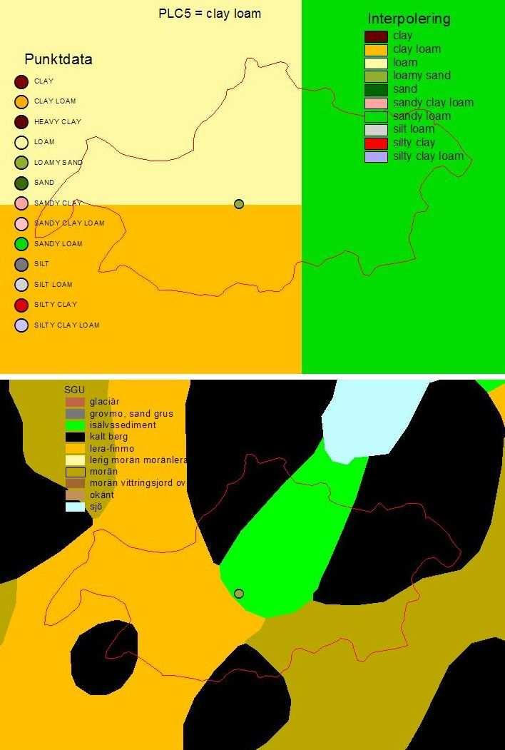 Figur 3. Tillrinningsområde till Öxenvällabäcken (Västra Götaland) lagt över jordartskartan för åkermark (ovan) och över SGU:s jordartskarta (nedanför).