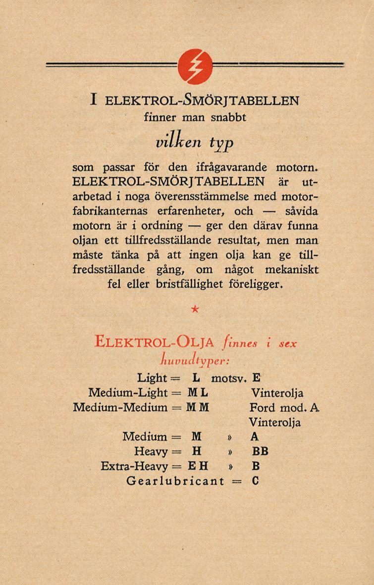 ger I elektrol-smörjtabellen finner man snabbt vilken typ som passar för den ifrågavarande motorn.