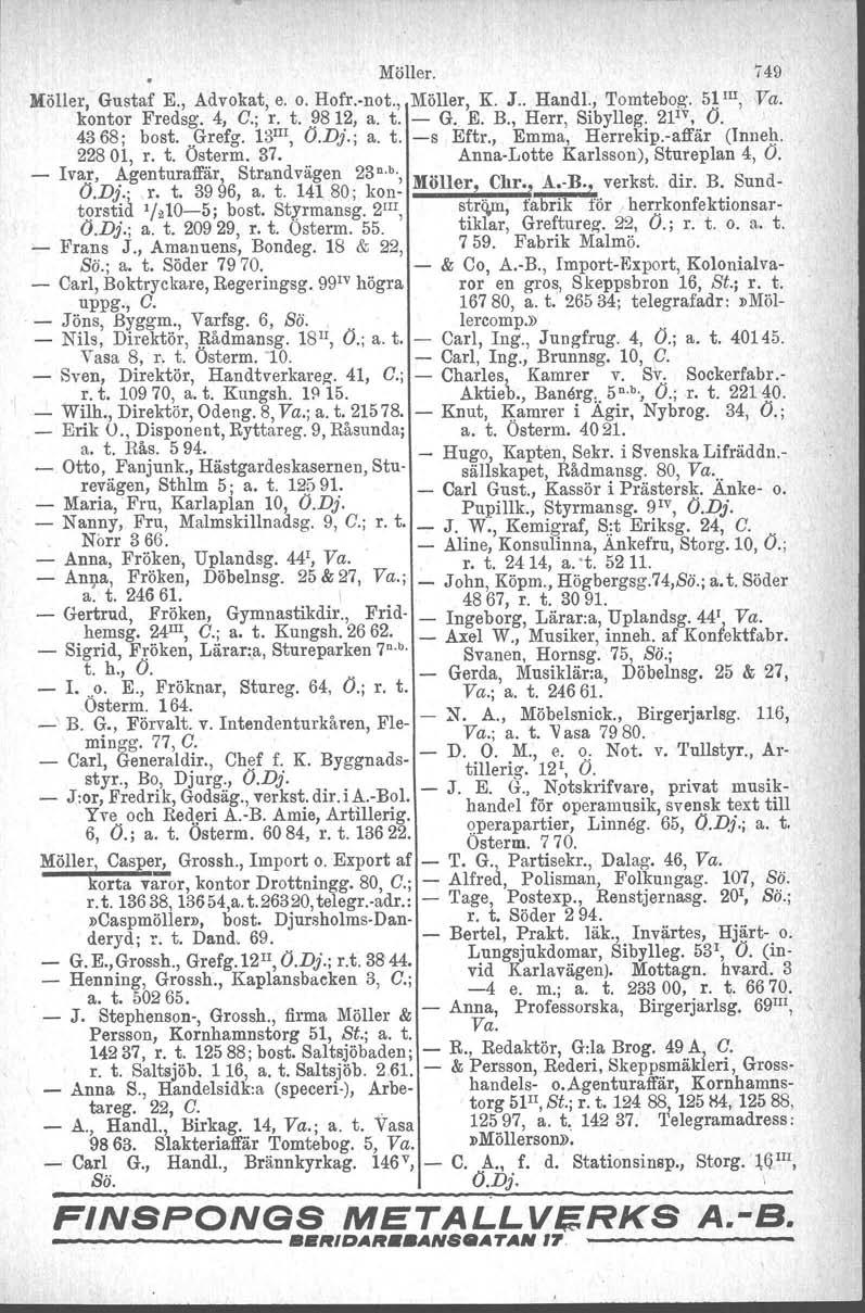 Möller. 749 Höller, Gustaf E., Advokat, e. o. Hofr.not., Möller, K. J.. Handl., Tomtebog. 5~1II, Va. kontor Fredsg. 4, C.; r. t. ~8 12, a. t. G. E. B., Herr, Sibylleg. 211 v, O. 4368; bost.. Grefg.