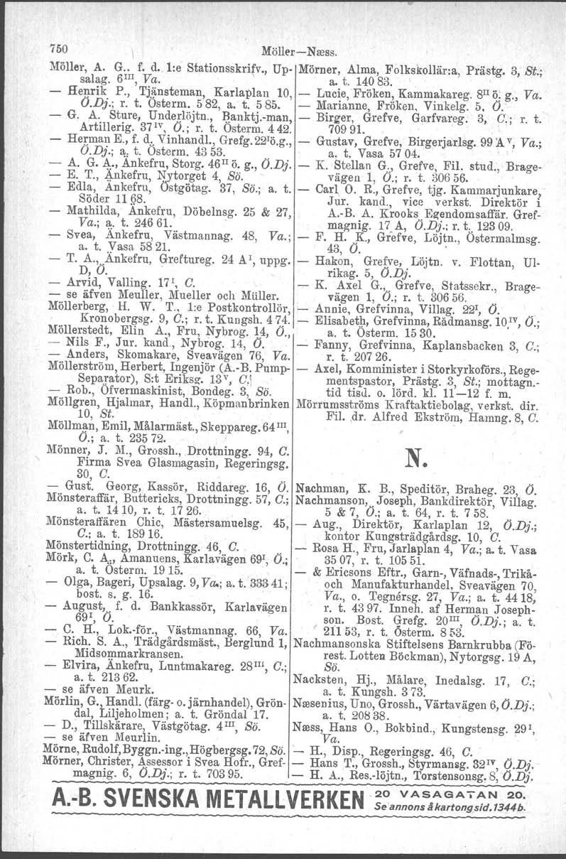 750 I Möllt'rNress. Möller, A. G.. f. d.. l:e Stationsskrifv., Up Mörner, Alma, FolkskolIär:a, Prästg. 3, St.; sal ag. 6 Ill, Va. ' a. t. 14083. ; Henrik P.