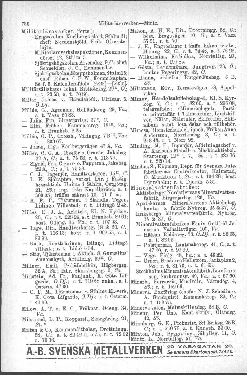 738 MilitärläroverkenMintz. Militärläroverken (forts.): Milton, A. H. E., Dir., brott~ingg. 58, C.; ~rigssk1llan, Karlbergs slott, $.thlm 21; bost. Bragevägen 10, Ö.; a. t.