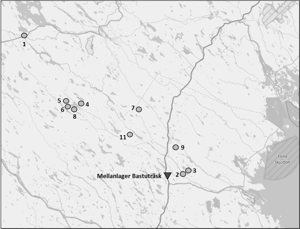 6.2.6. Transport till mellanlager i Bastuträsk I kr per ton och km (kr/ton, km) antas transportkostnaden med tåg endast utgöra 20 % av transportkostnaden med lastbil, dessa siffror kommer från en