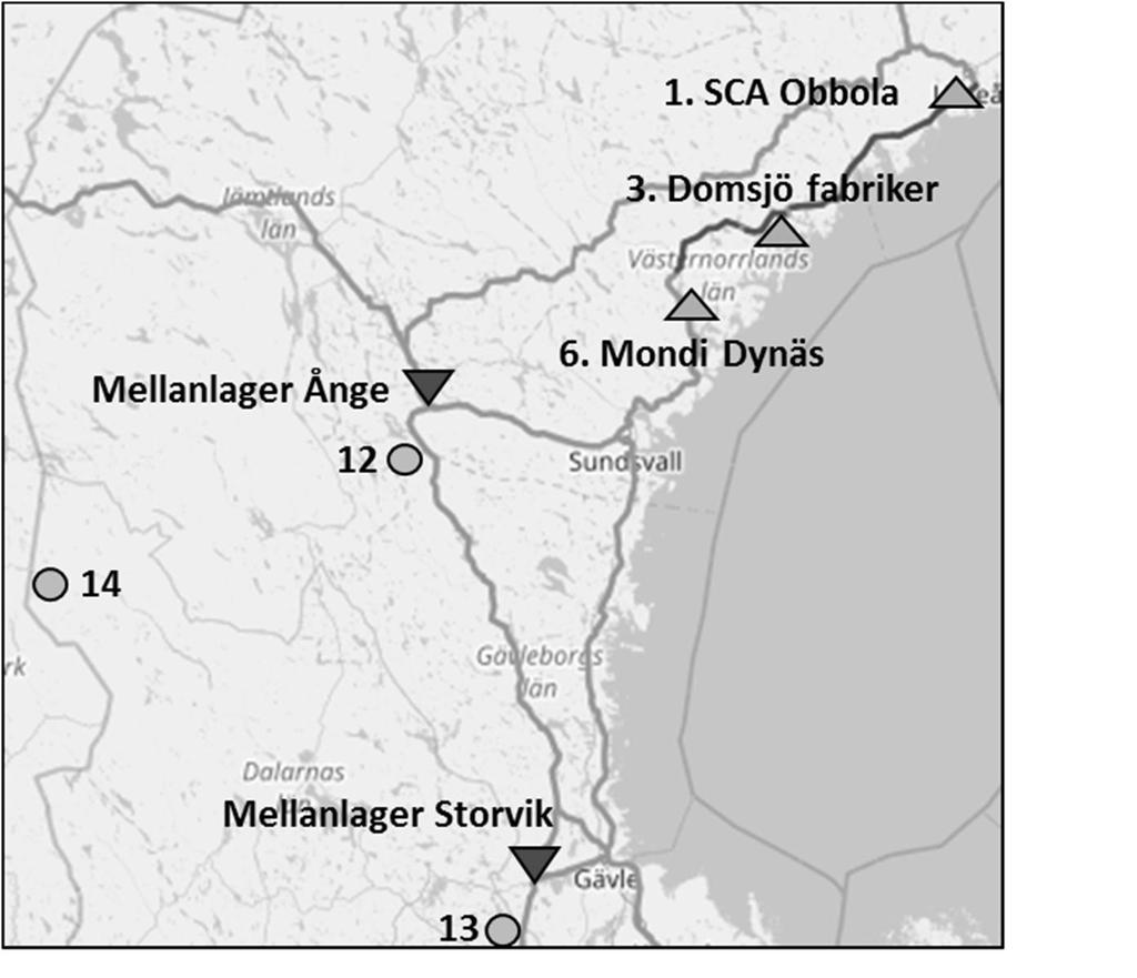 Figur 6.7. Placering av mellanlager i Ånge och Storvik (symboler för mellanlager).