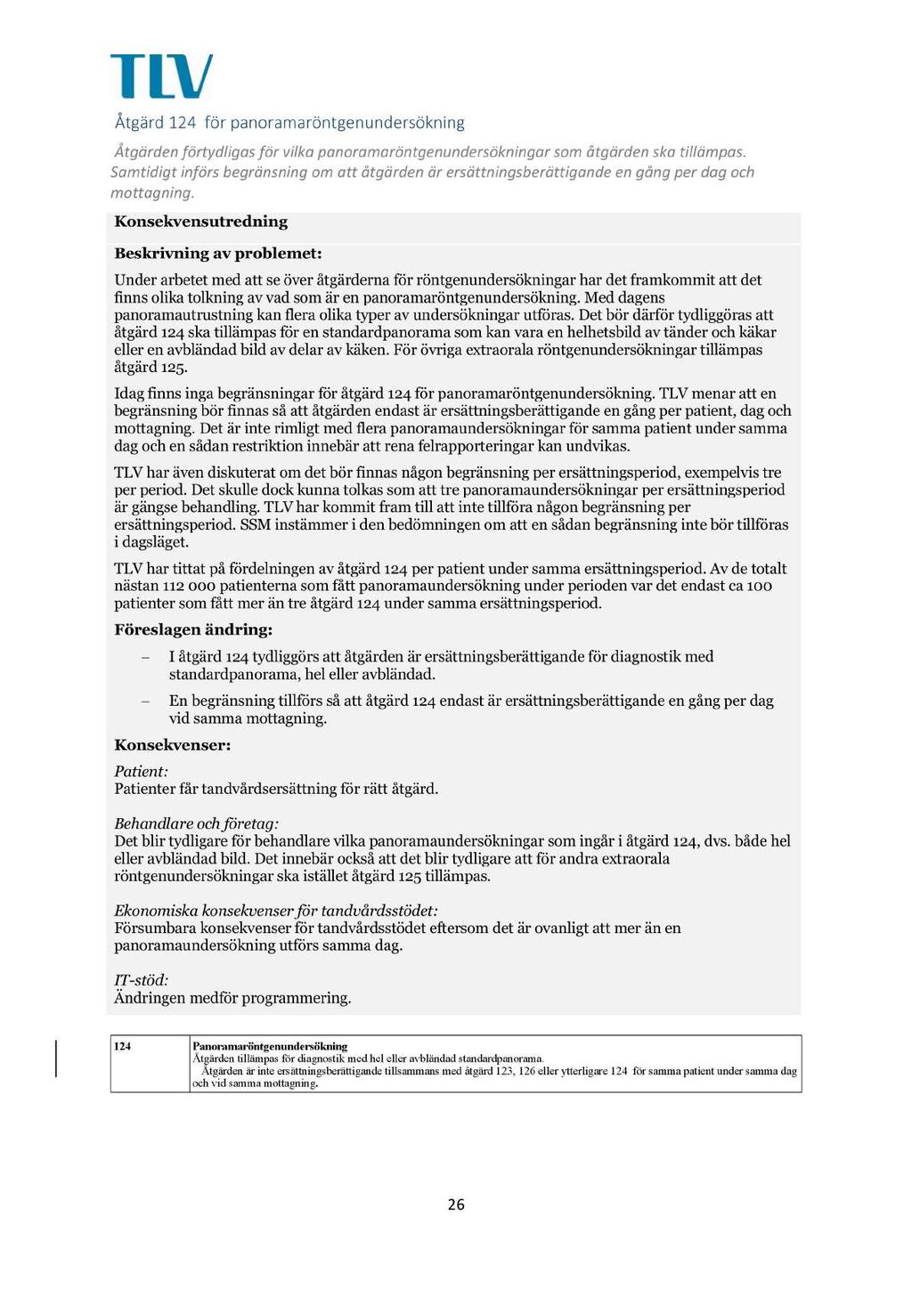 Åtgärd 124 för panorama röntgen undersökning Åtgärden förtydligas för vilka panorama röntgen undersökningar som åtgärden ska tillämpas.