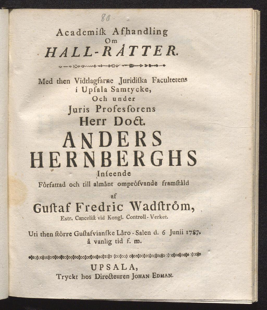 Academifk AfJhandling Om HALL-R ATTER. -»> In ^8' *>- Med then Vidtlagfariae Juridi(k-a Faculteten? i Upfala Samtycke, Och under Juris Profesforens Herr Doft.