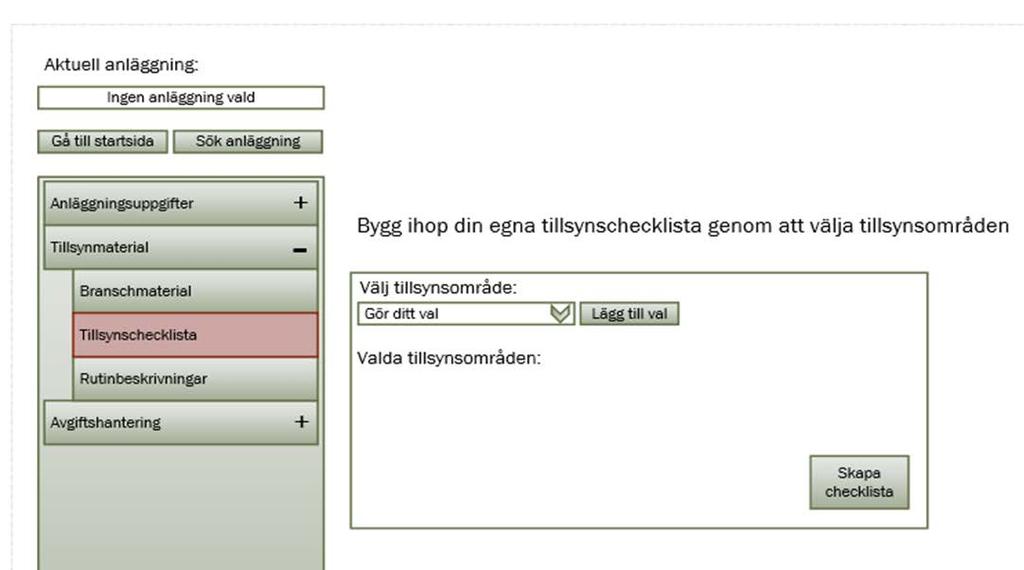 Figuren är en visualisering av hur det kan komma att se ut i systemet för framtagande av en checklista. Slutlig utformning av systemet är inte klart.