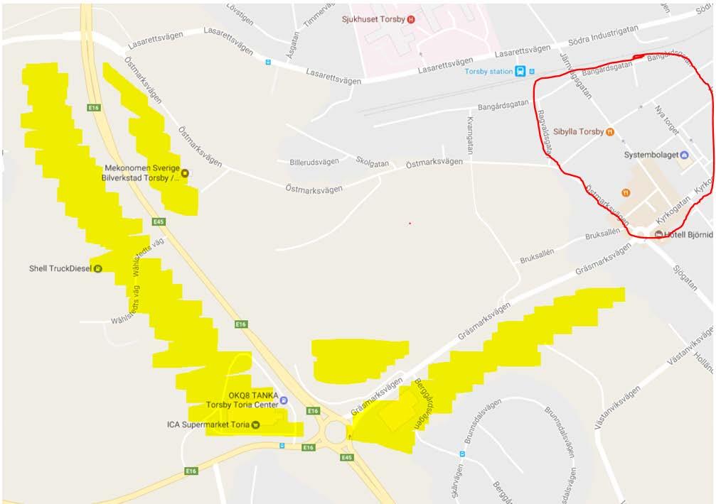 Det sekundära BID området Karta 2: sekundärt BID området utgörs av gul markerat område. Det primära BID-området (enligt karta 1) inringat med röd linje.