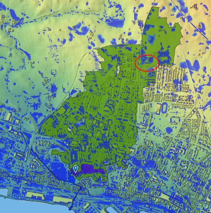 Figur 6. Visar avrinningsområdet som använts i jämförelsen vid ett 100-årsregn. Röd markering visar planområdet.