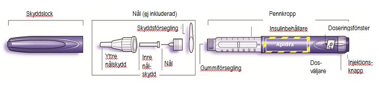 Schematisk beskrivning av injektionspennan Viktig information vid användning av SoloStar: Före varje användning ska en ny nål alltid noggrant sättas fast och ett säkerhetstest ska utföras.