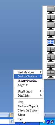 Vänsterklicksmenyn Vänsterklicka på ikonen Desktop Partition (Skrivbordsuppdelning) för att snabbt skicka det aktiva fönstret till någon del utan att behöva dra och släppa.